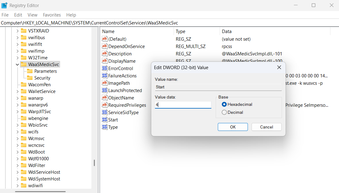 ویرایش مقدار DWORD Start در Registry Editor
