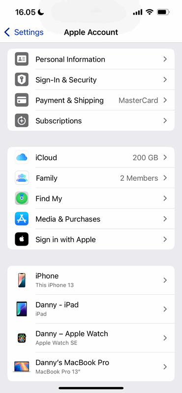 تنظیمات حساب Apple در برنامه iCloud