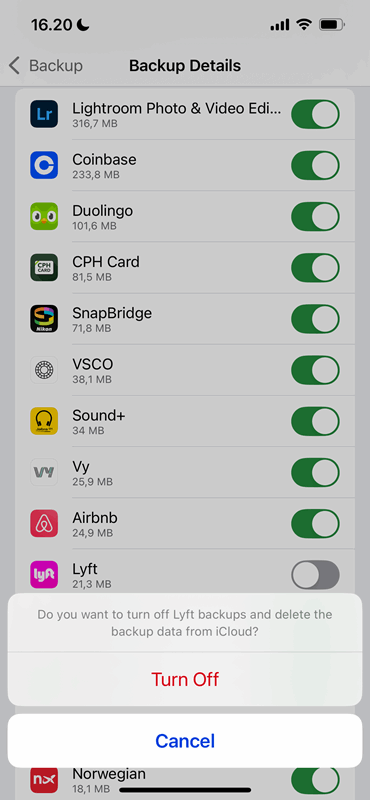 غیرفعال کردن تنظیمات پشتیبان‌گیری iCloud