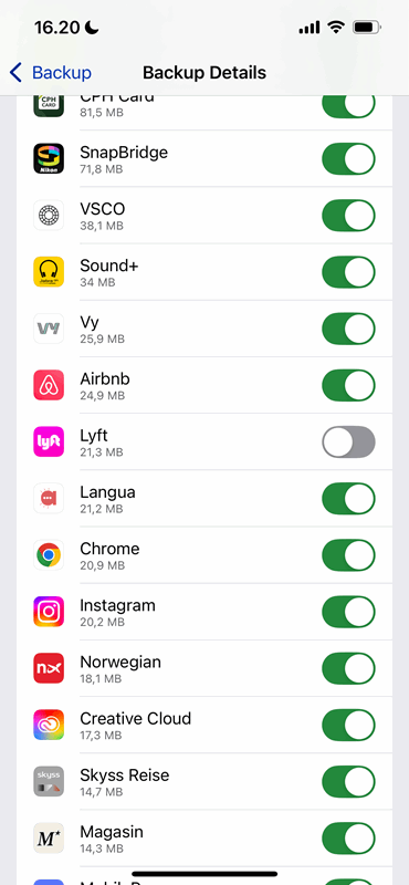 روشن/خاموش کردن پشتیبان‌گیری‌های مختلف iCloud