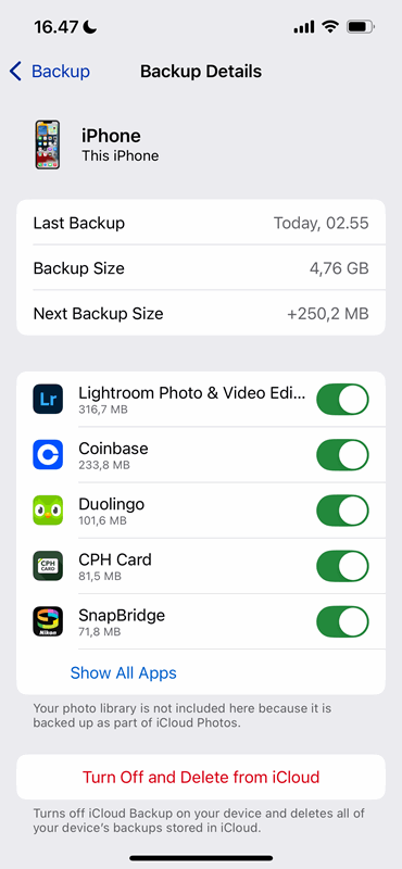 انتخاب جزئیات مختلف پشتیبان‌گیری iCloud در برنامه