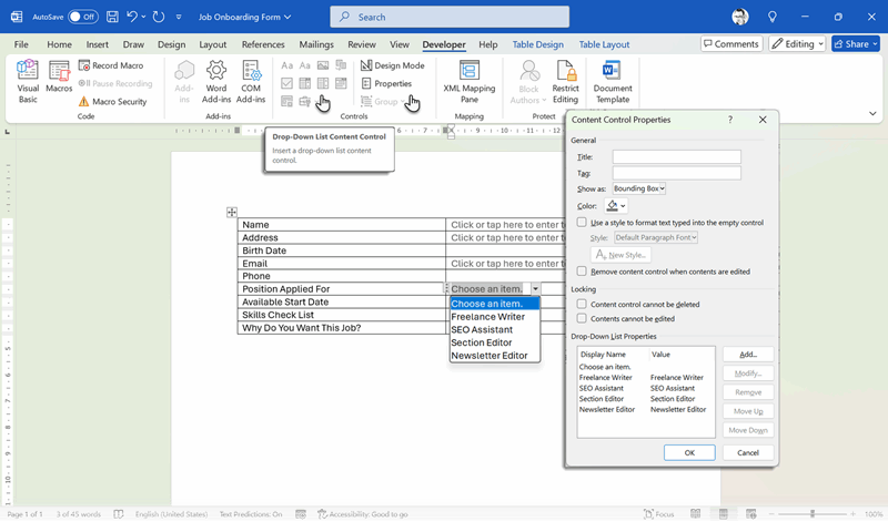 درج کنترل کشویی در فرم ورد