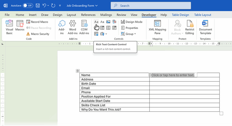 درج کنترل متن غنی در فرم ورد