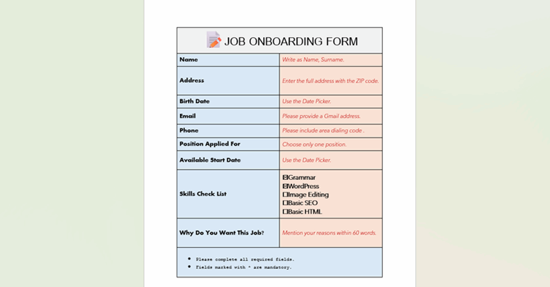 نمای کلی فرم تکمیل‌شده در ورد