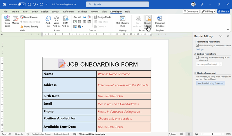 محدود کردن ویرایش فرم ورد