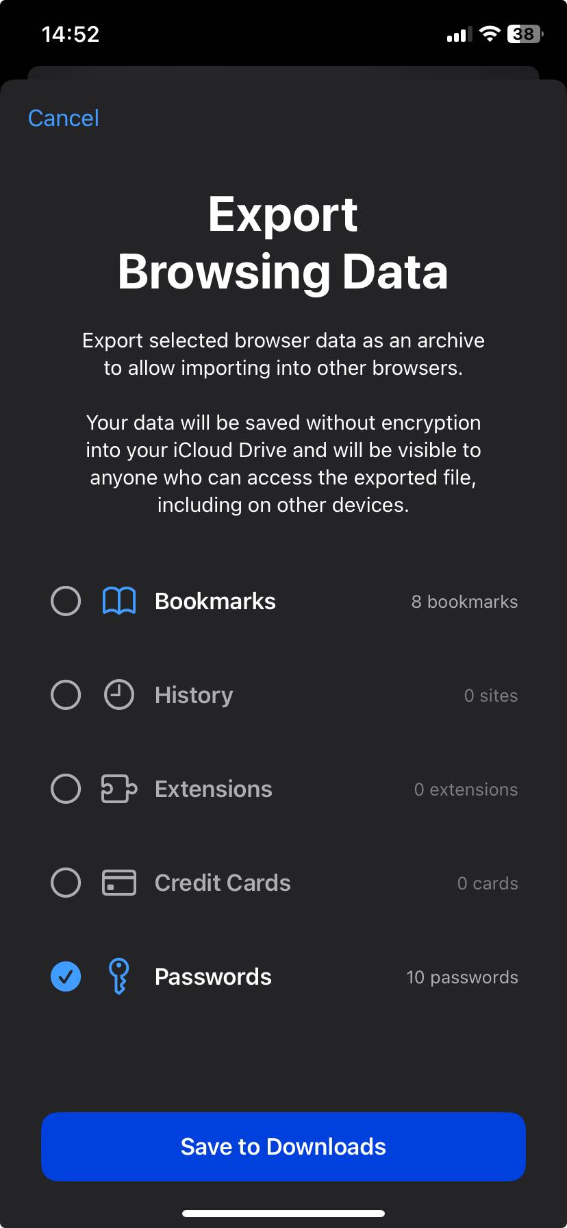 صفحه صادرات داده‌های مرور Safari در iOS