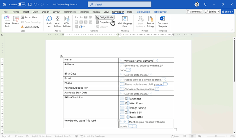 استفاده از حالت طراحی در فرم‌های ورد