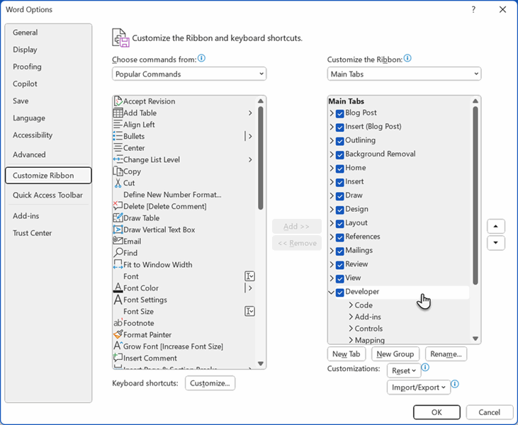 گزینه‌های ورد برای برگه توسعه‌دهنده