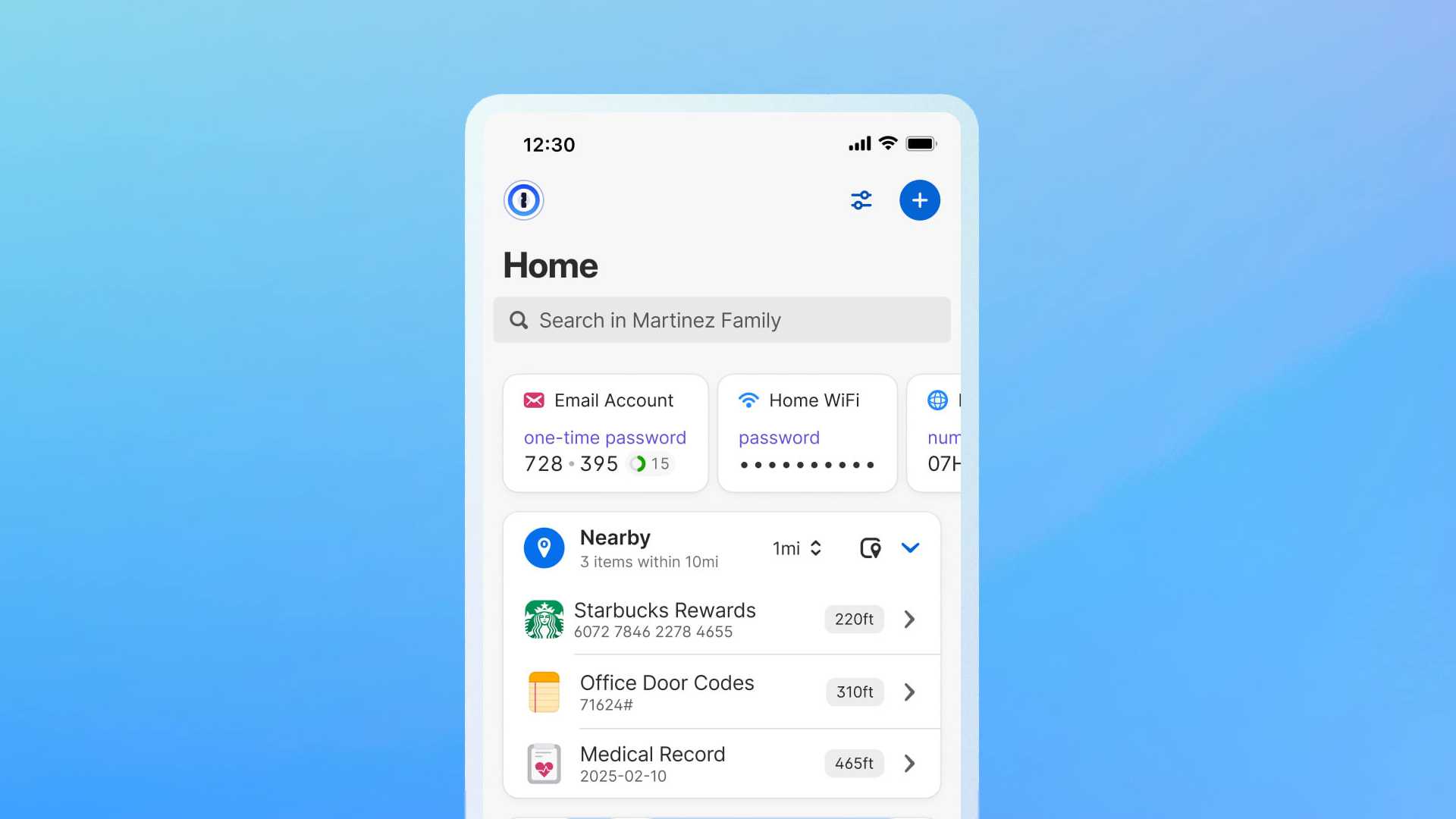 1Password نشان‌دهنده آیتم‌های مبتنی بر موقعیت.