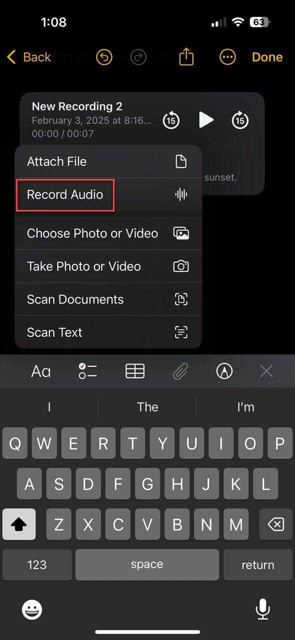 ضبط صدا در Apple Notes