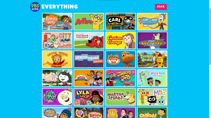 یک فهرست از برنامه‌های موجود در وب‌سایت PBS Kids