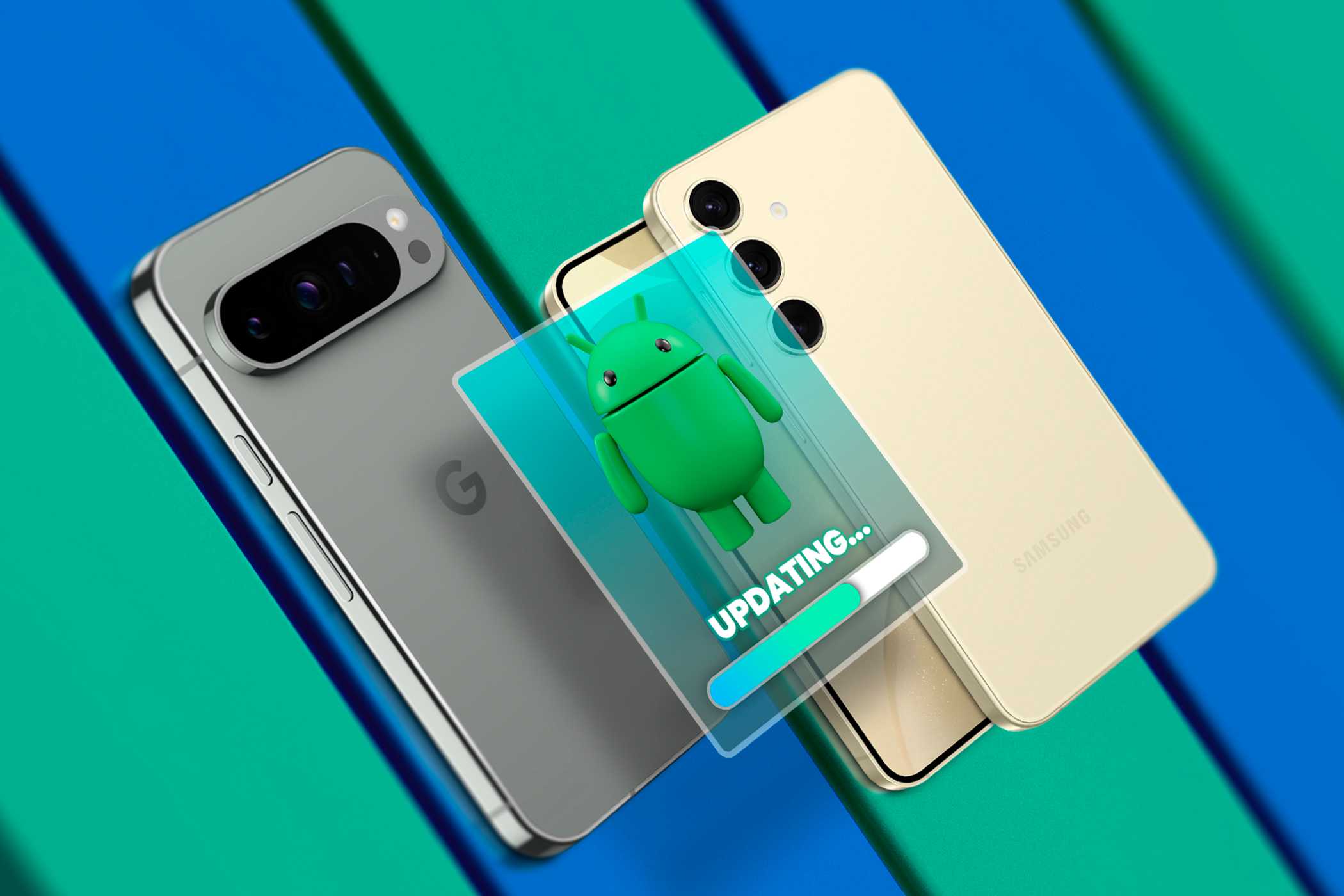 یک Google Pixel کنار یک Samsung Galaxy، با تصویر بروز رسانی اندروید بالای دستگاه‌ها.
