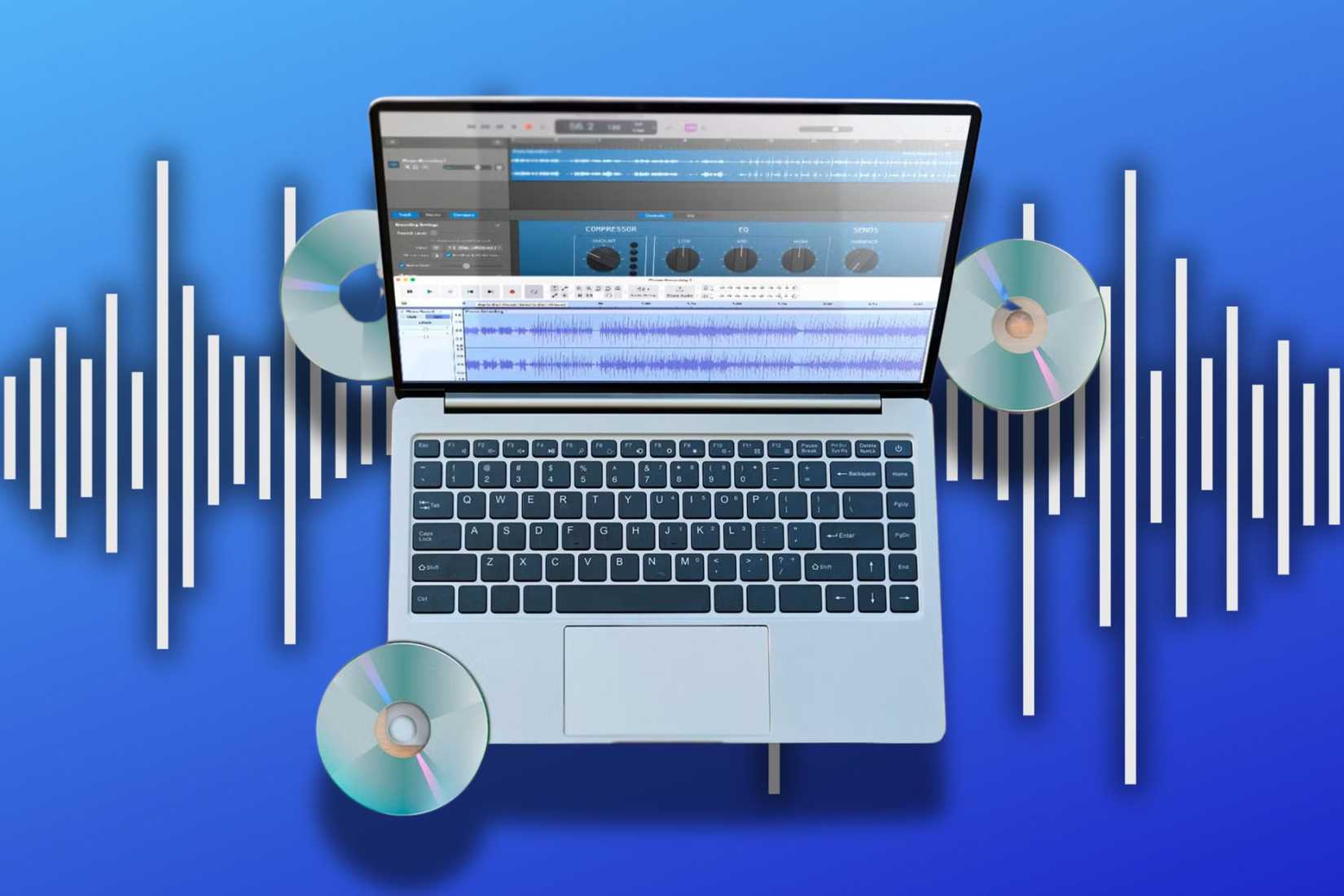 لپتاپی که ویرایشگر صوتی را با دیسکهای CD و موج صوتی در پسزمینه نشان میدهد.