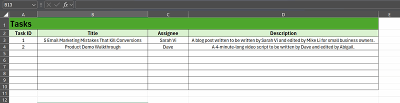 یک فهرست از کارها با ستون‌های شناسه کار، عنوان، مسئول و توضیح در اکسل