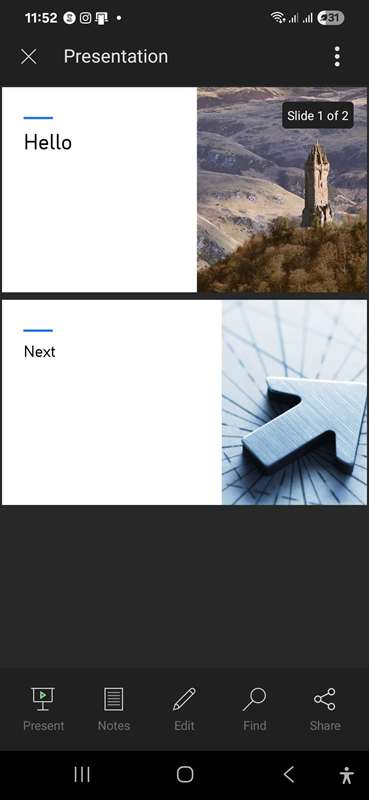 یک صفحهٔ ارائهٔ پاورپوینت باز بر روی یک تلفن اندروید