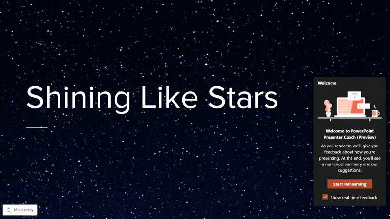 یک ارائهٔ پاورپوینت با پیشنمایش Presenter Coach در تصویر و گزینهٔ Show real-time feedback