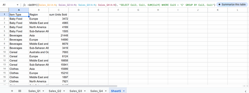 یک تصویر نشان‌دهنده نتایج QUERY ترکیب داده‌ها از چهار تب Google Sheets