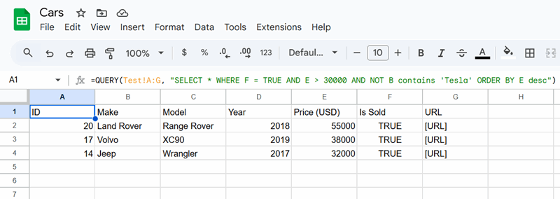 یک تصویر نشان‌دهنده نتایج QUERY روی یک برگه خالی در Google Sheets