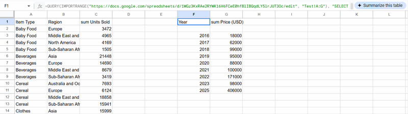 یک تصویر نشان‌دهنده نتایج QUERY با داده از یک فایل Google Sheets خارجی