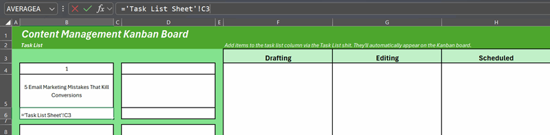یک کارت کار که با آیتم‌های شیت فهرست کارها در یک تخته کانبان در اکسل پر شده است