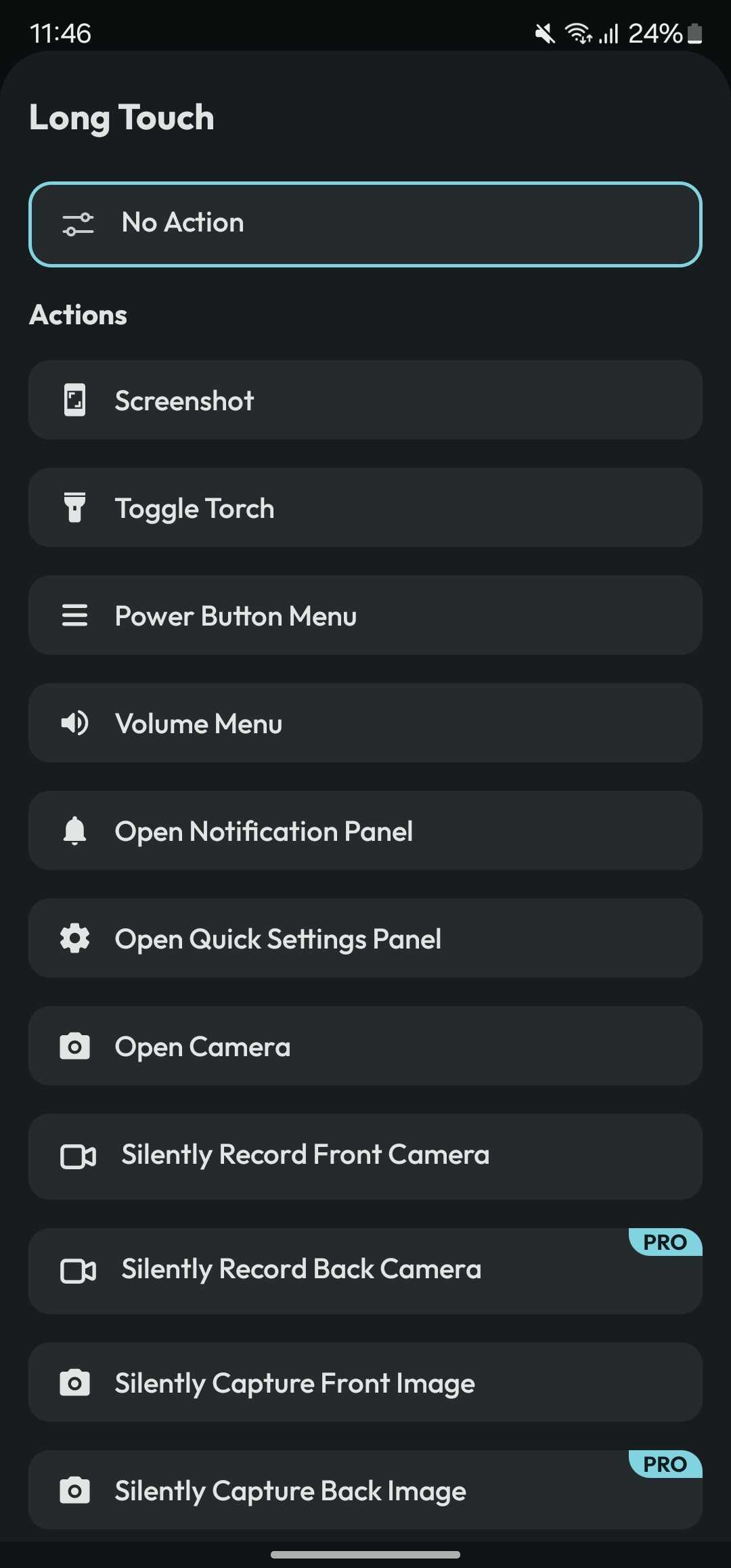 فهرست اقدامات موجود در برنامه Action Notch.