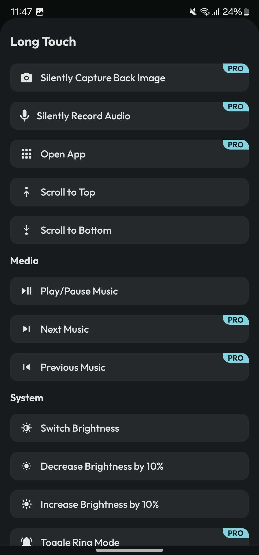 فهرست اقدامات موجود در برنامه Action Notch.
