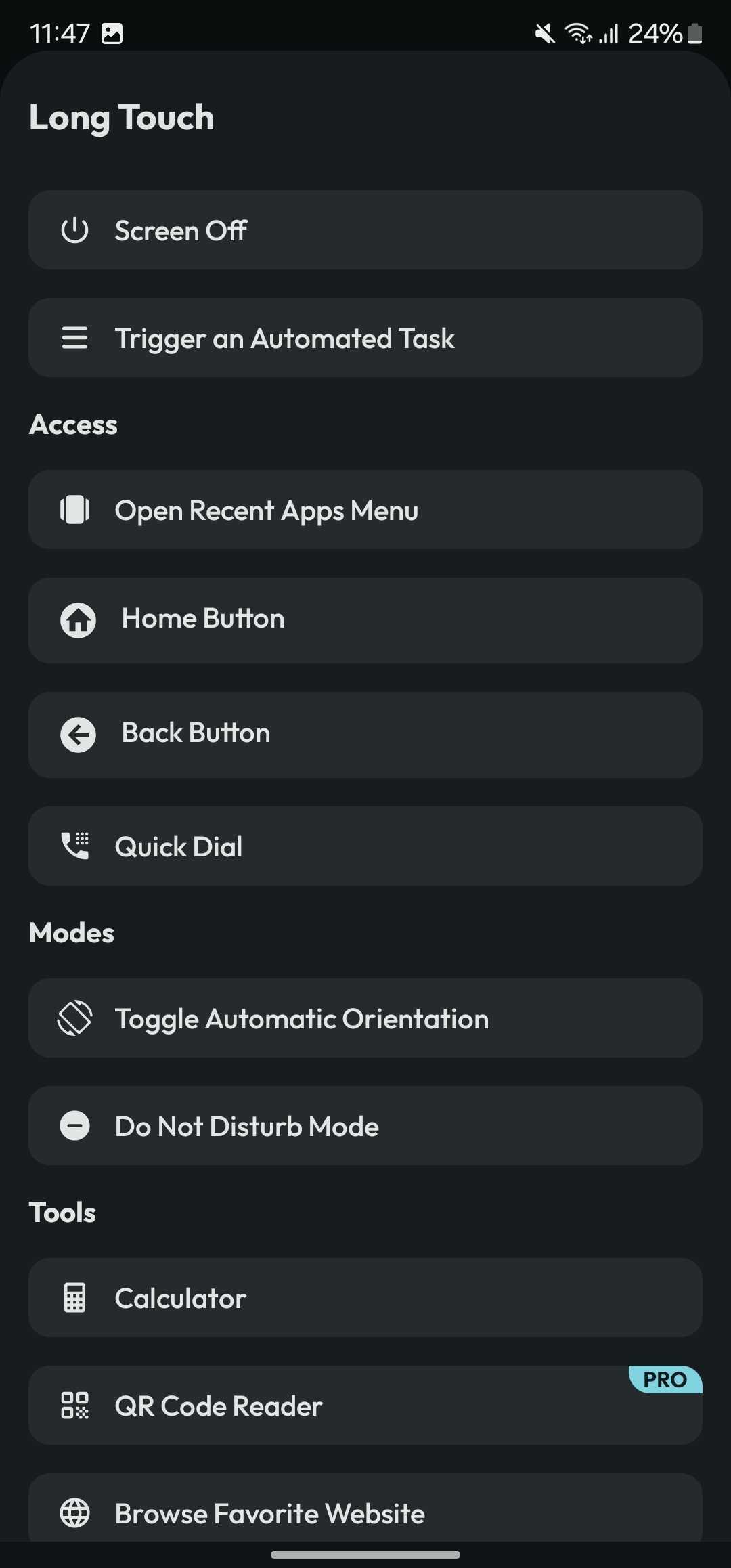 فهرست اقدامات موجود در برنامه Action Notch.
