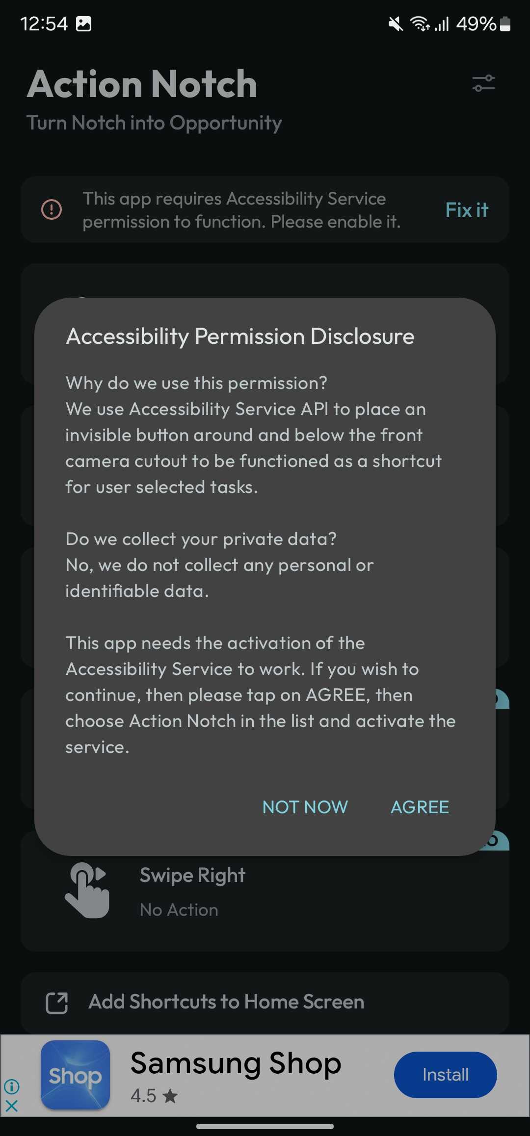 پوشش اعلان دسترسی در برنامه Action Notch.