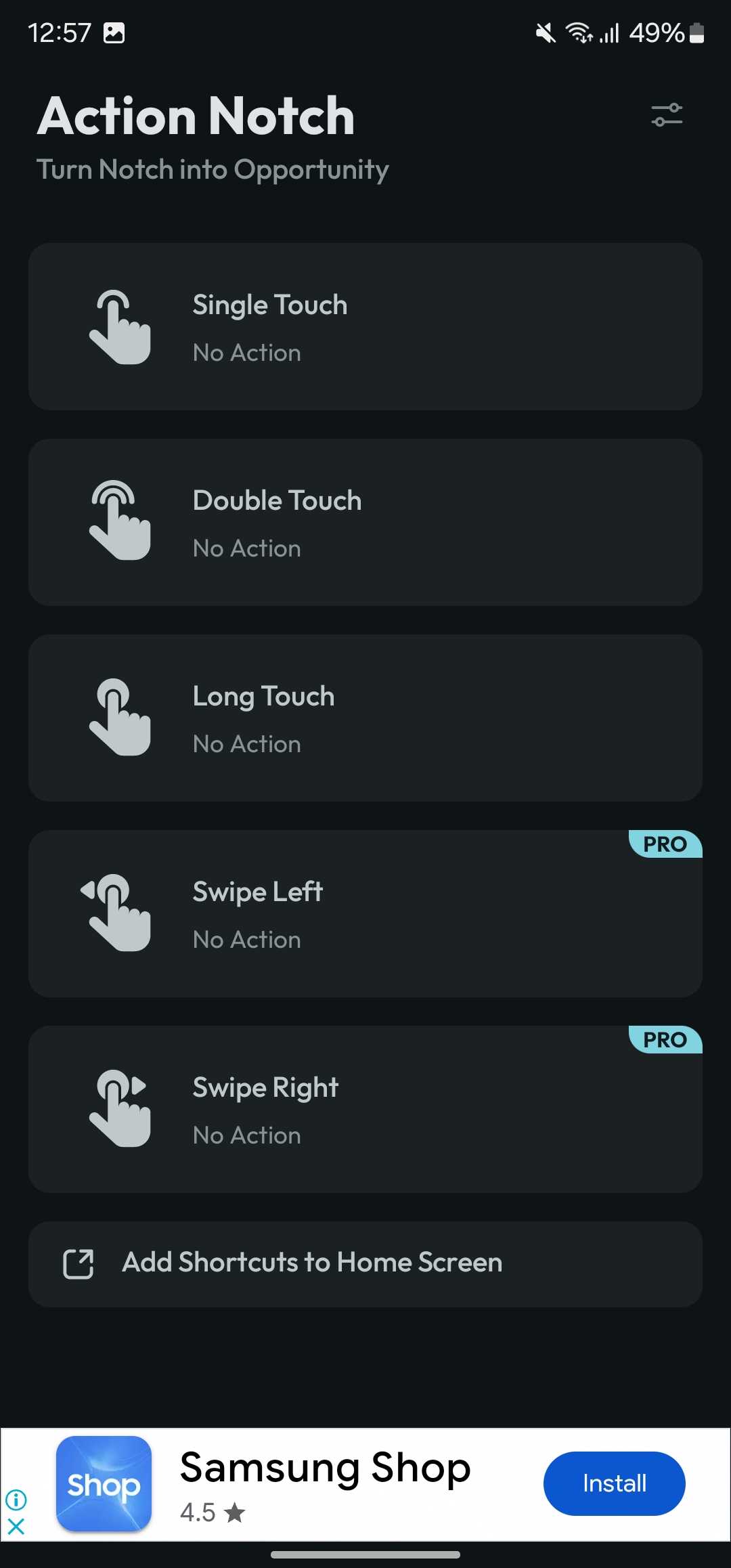 ژست‌های پشتیبانی‌شده توسط Action Notch.