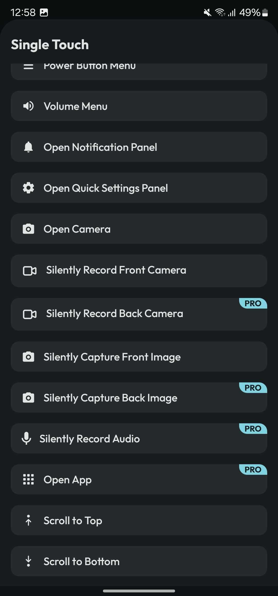 اقدامات موجود برای ژست Single Touch در برنامه Action Notch.