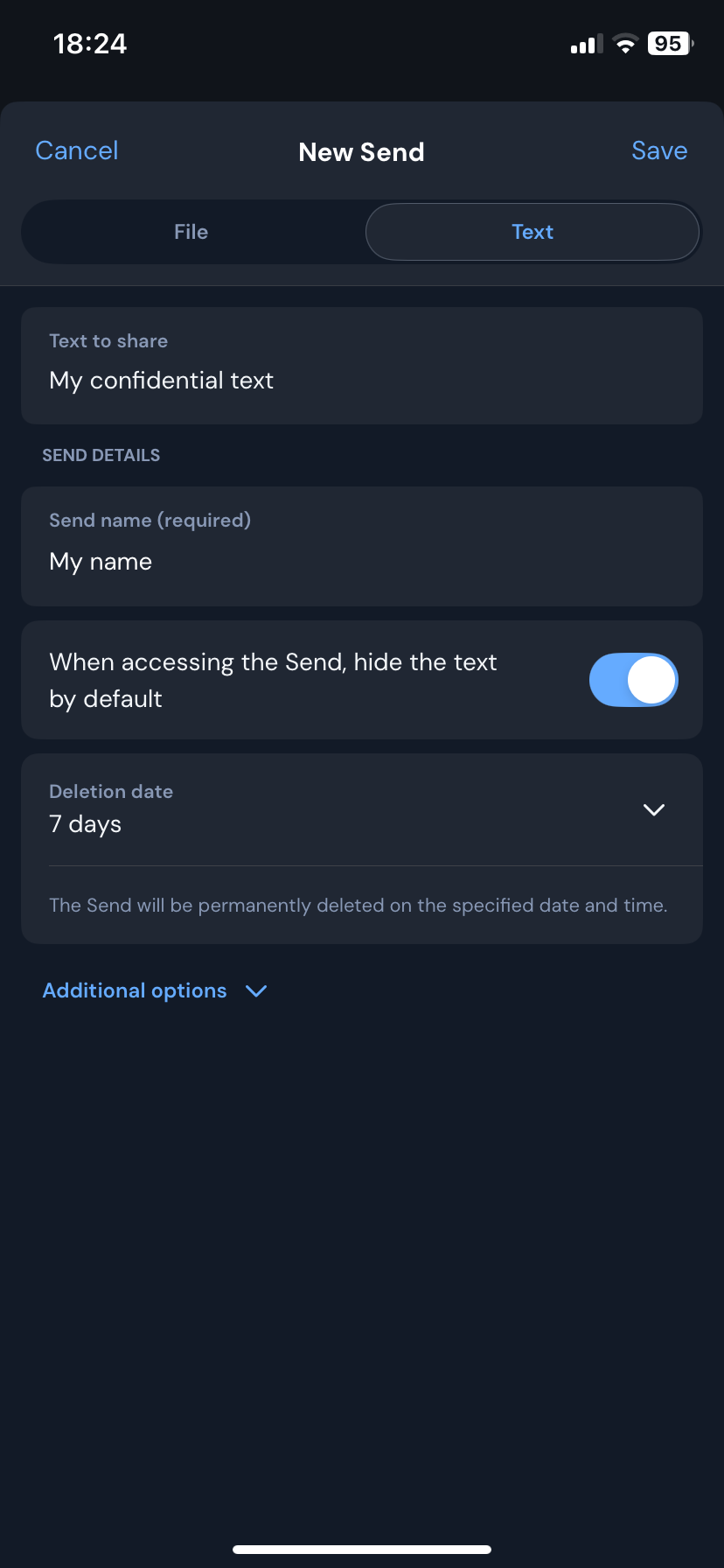 افزودن اطلاعات متنی در Bitwarden Send برای به اشتراک‌گذاری