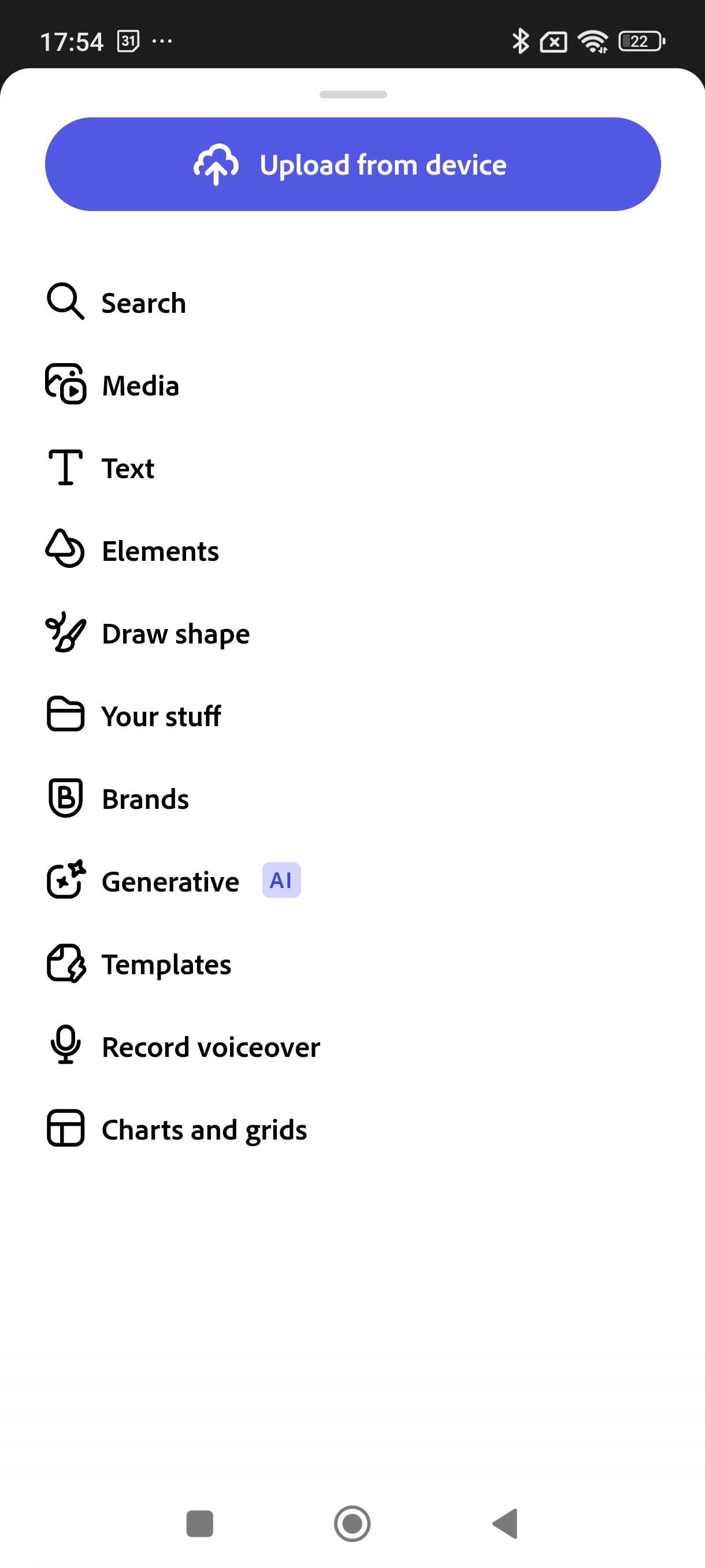 منوی Adobe Express Mobile