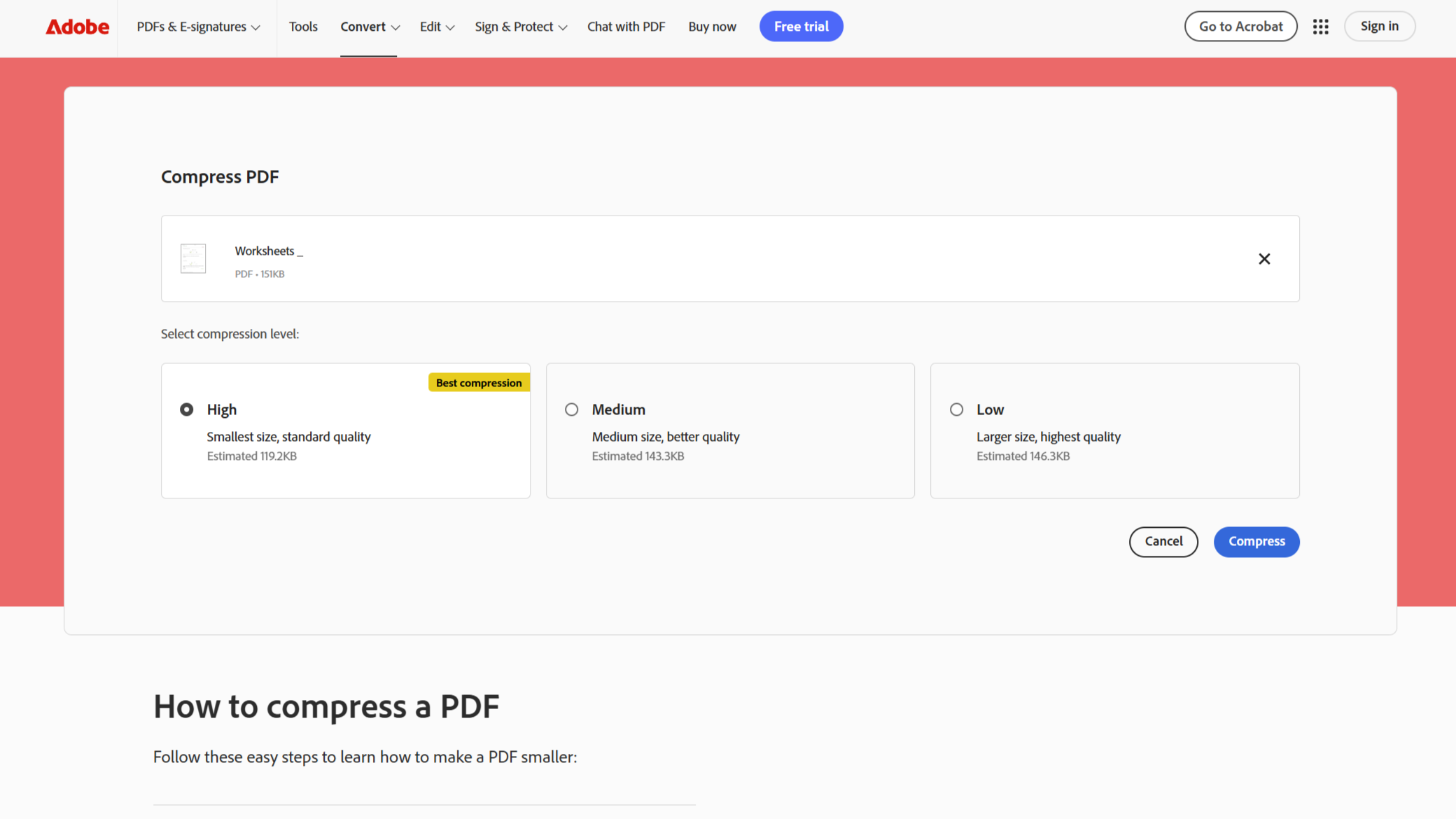 ابزار فشرده‌ساز PDF آنلاین Adobe که سطوح مختلف فشرده‌سازی را نشان می‌دهد