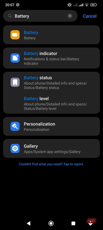 تصویر جستجوی "باتری" در برنامه تنظیمات Android.