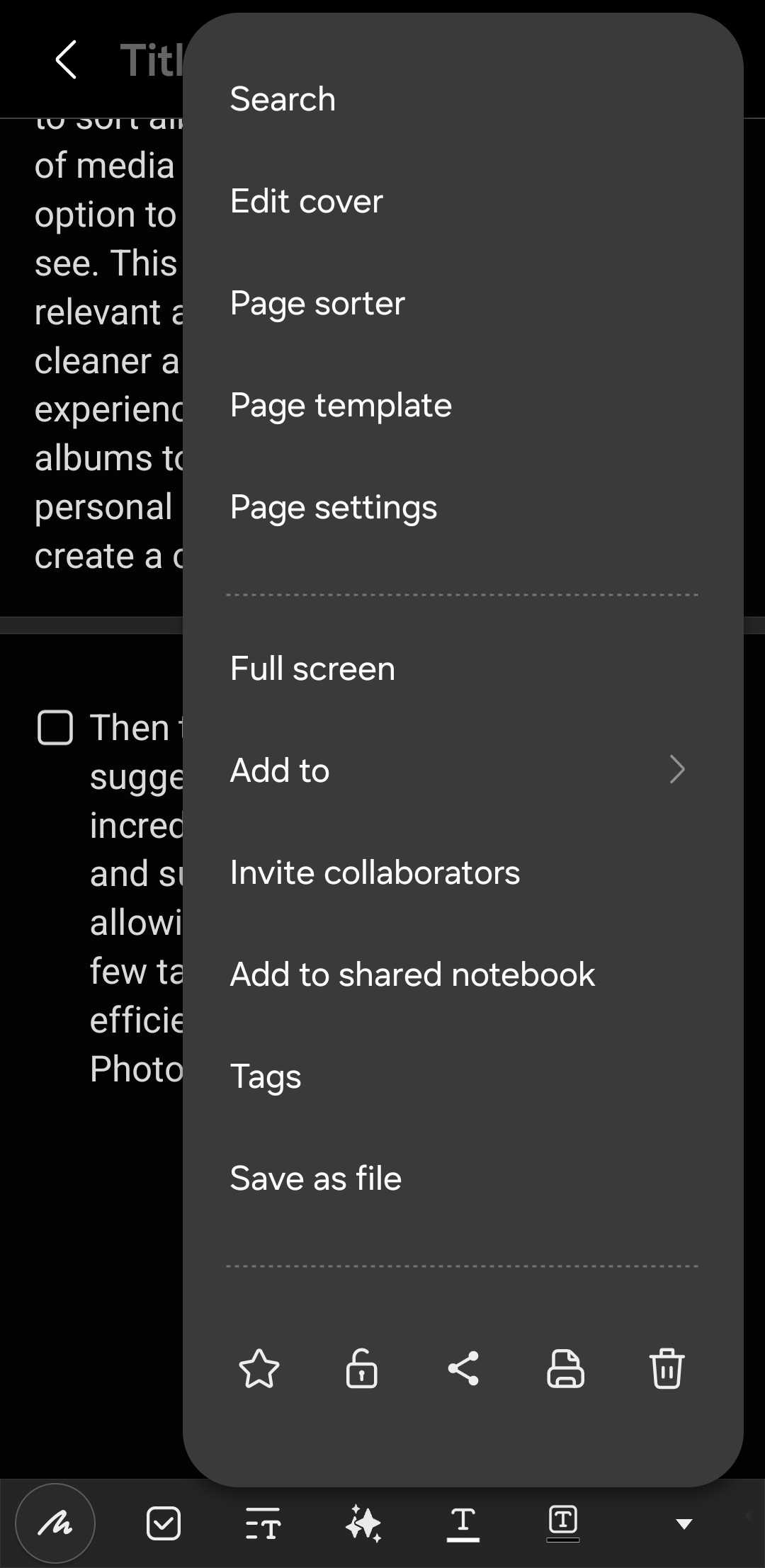 منوی برنامه در Samsung Notes