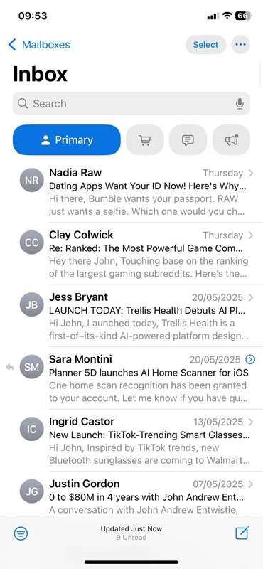 اسکرین‌شات ایمیل اپل که صفحه اصلی ایمیل را نشان می‌دهد