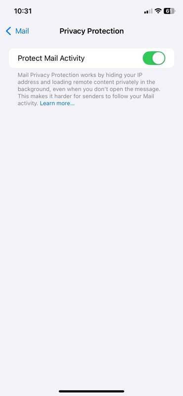 اسکرین‌شات ایمیل اپل که حفاظت حریم خصوصی روشن است