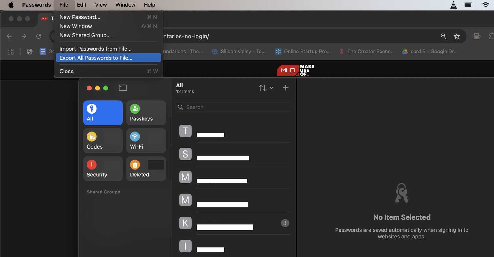 منوی فایل Apple Passwords