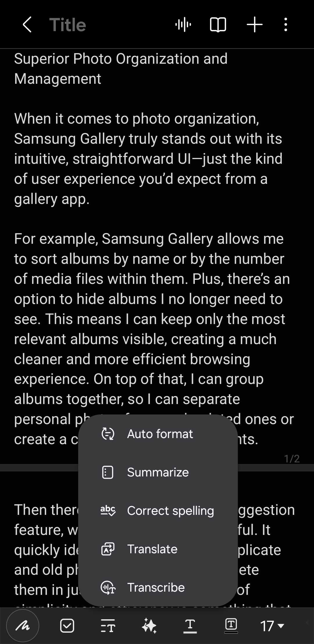 گزینه قالببندی خودکار در برنامه Samsung Notes