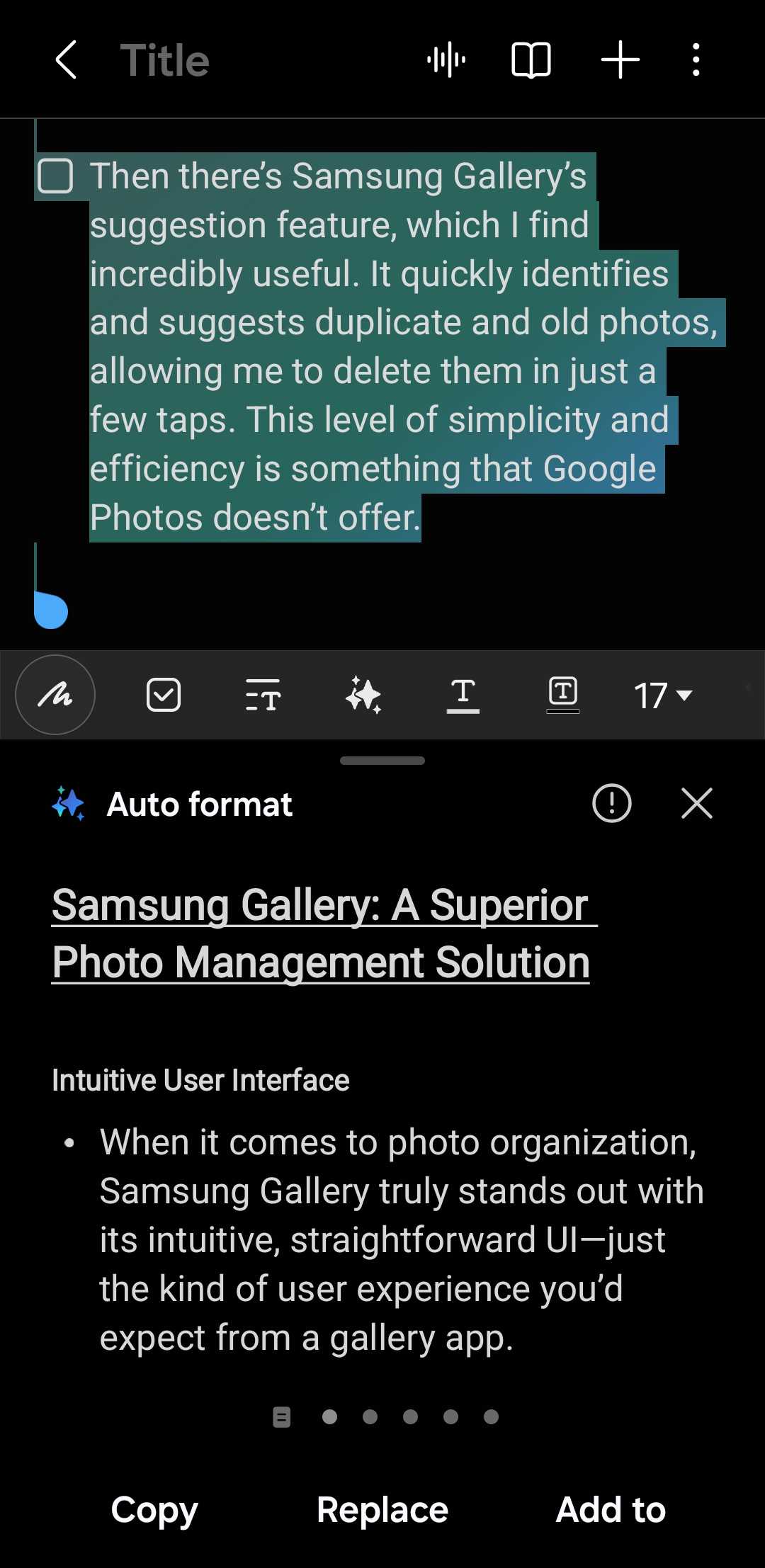 قابلیت قالببندی خودکار در برنامه Samsung Notes