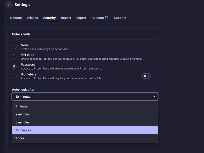 تایمر قفل خودکار در Proton Pass تنظیم شده به ده دقیقه