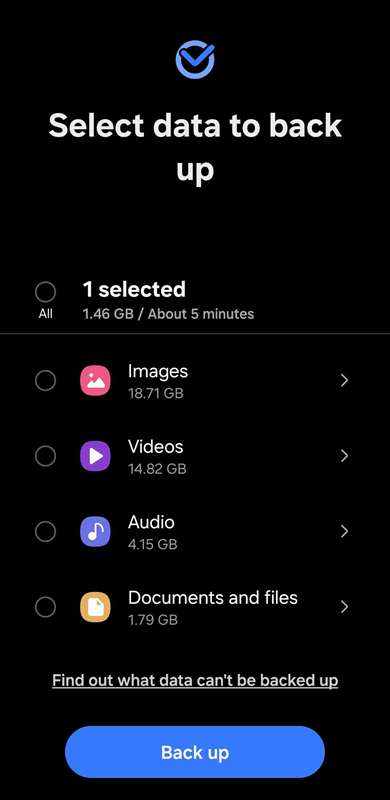 گزینه پشتیبان‌گیری در برنامه Smart Switch