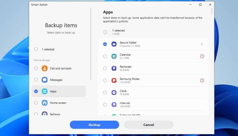 پشتیبان‌گیری از پوشه امن با استفاده از برنامه Smart Switch در رایانه
