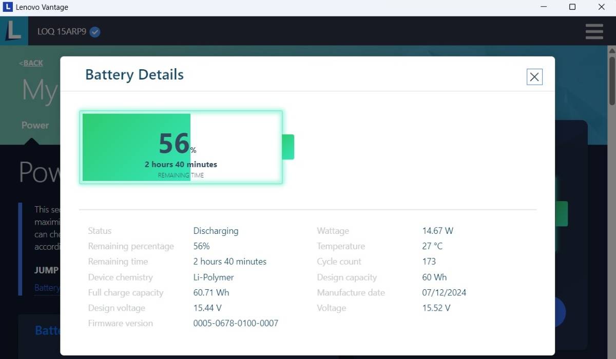 جزئیات باتری در Lenovo Vantage