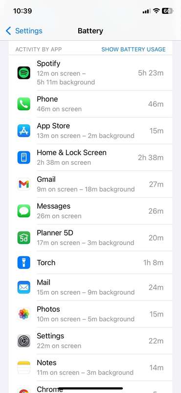 تصویر صفحه استفاده از باتری در iOS
