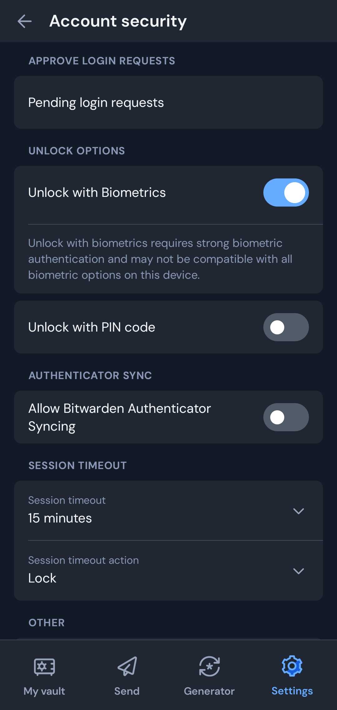 صفحه امنیت حساب Bitwarden در اندروید