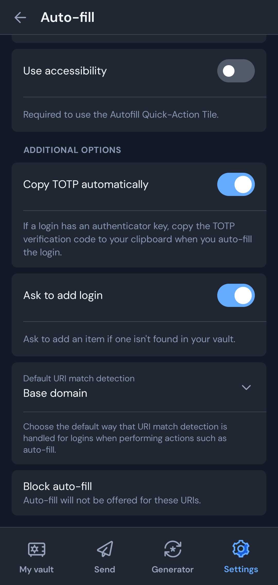 تنظیمات پرکردن خودکار Bitwarden