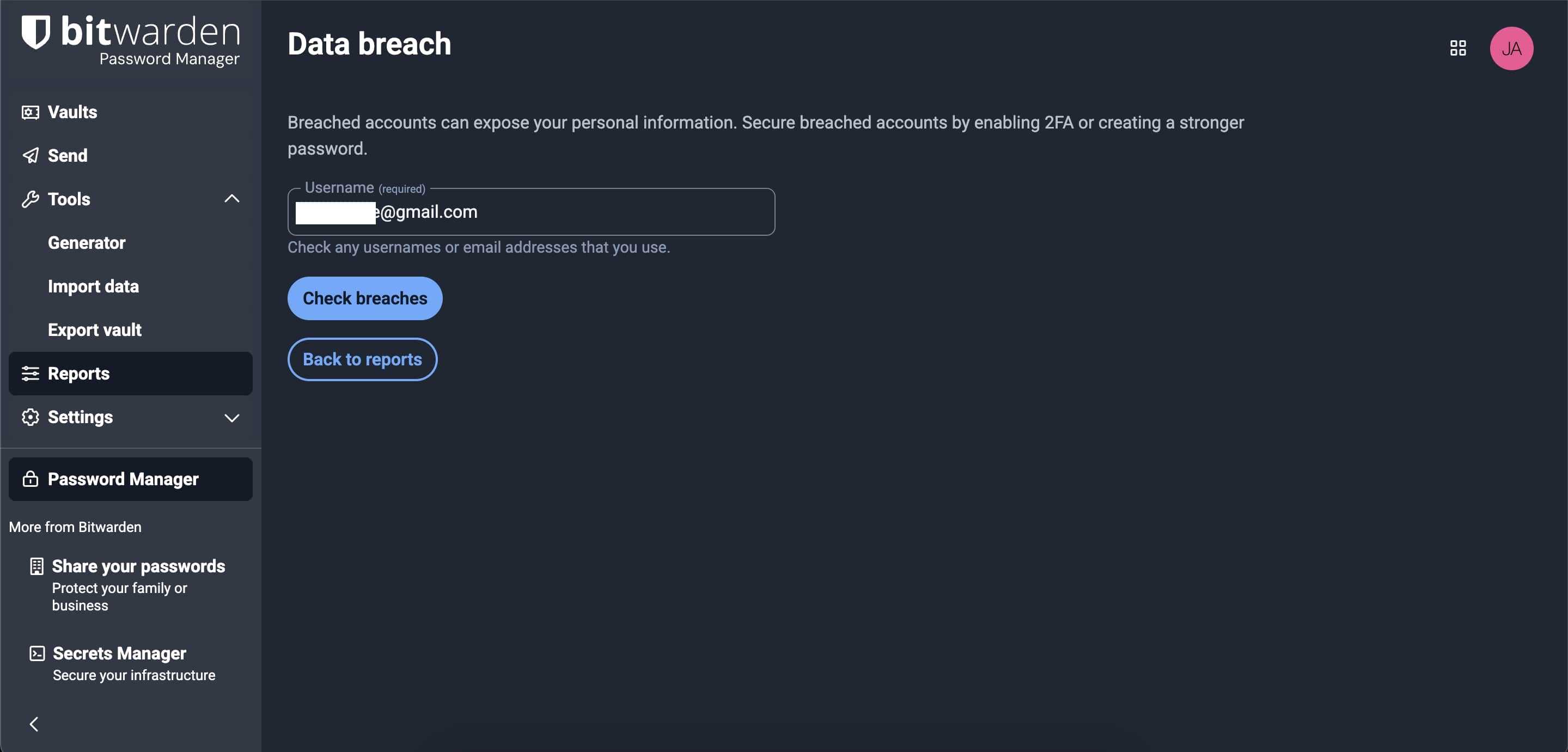 صفحه بررسی نقض داده Bitwarden