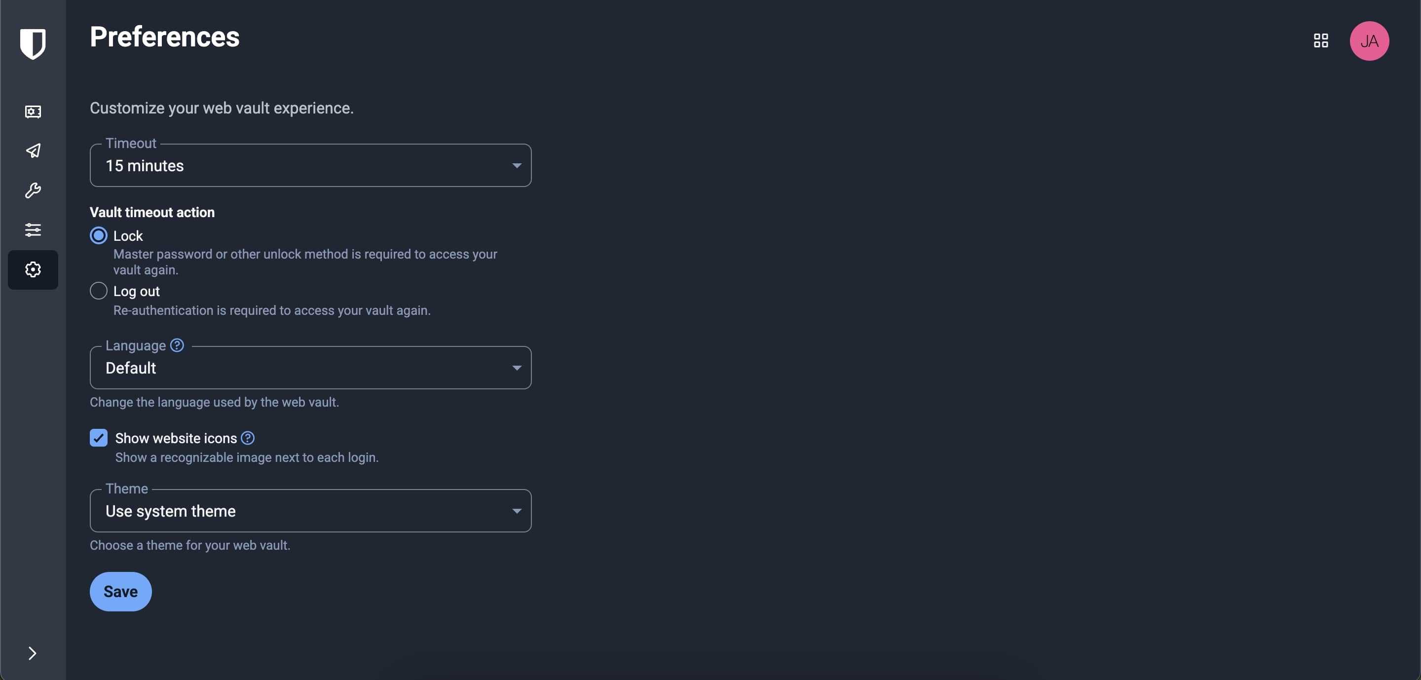 صفحه تنظیمات Bitwarden
