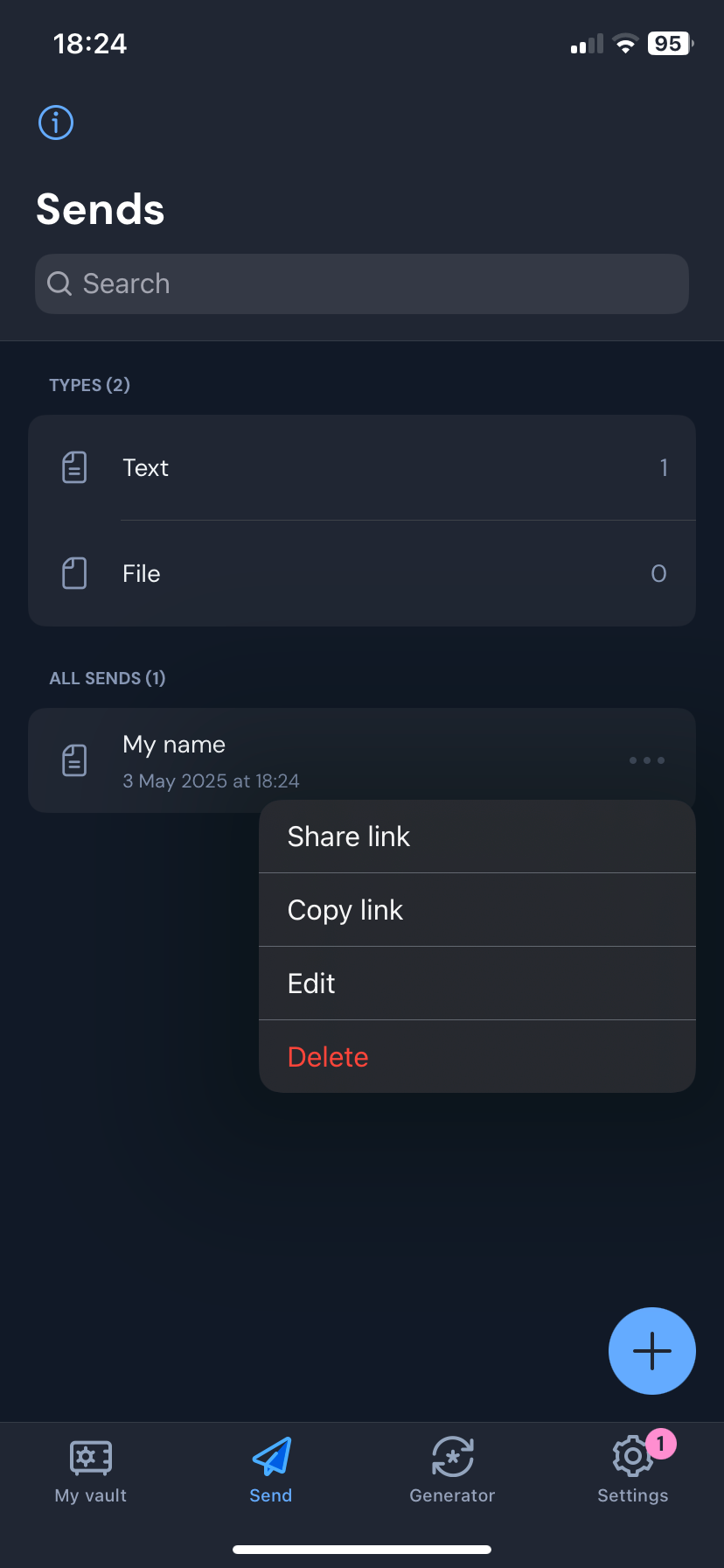 منوی Bitwarden Send برای به اشتراک‌گذاری اطلاعات